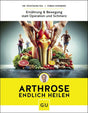 Buchcover mit einem Knie, umgeben von Obst und Gemüse, und Menschen beim Joggen im Hintergrund.
