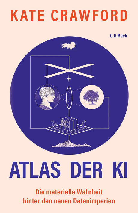 Buchcover mit Titel "Atlas der KI", Untertitel "Die materielle Wahrheit hinter den neuen Datenimperien", und grafische Illustration