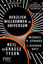 Buchcover mit schwarzem Hintergrund, weißen Linien, orange Akzenten und Text über Astronomie und Wissenschaft.