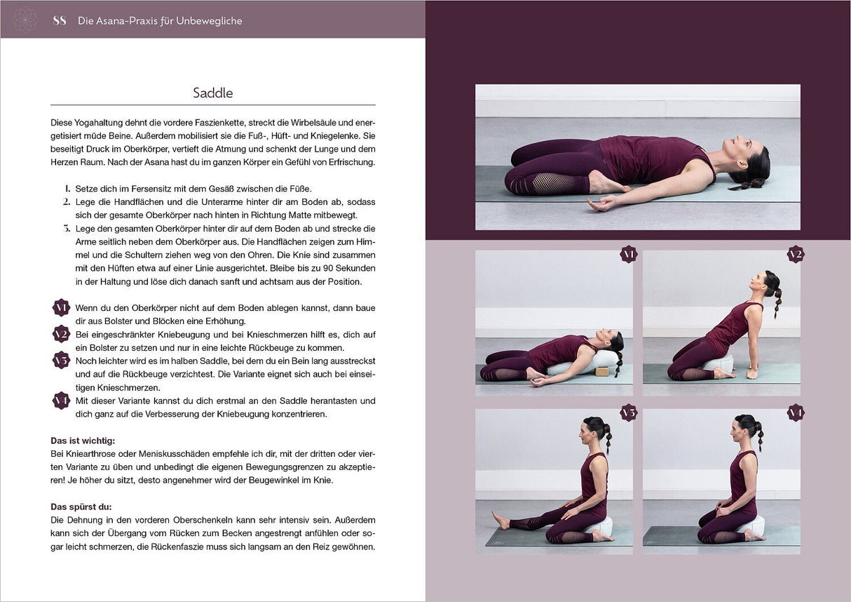 Frau in Yoga-Positionen auf Matte, mit Kissen und Blöcken, in verschiedenen Sitz- und Liegehaltungen.