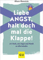 Buchcover mit blauer X-Form, Titel "Liebe Angst, halt doch mal die Klappe!", kleine Monsterfigur oben rechts