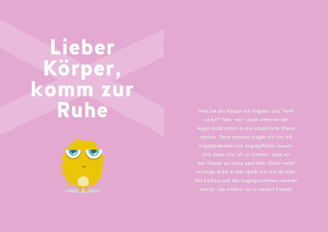 Pinkes Buchcover mit weißem Text, eine kleine gelbe, pelzige Figur mit großen blauen Augen und einem Lächeln.