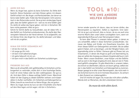 Zwei Seiten eines Buches mit Text über Sicherheit, Gedanken und Unterstützung, Überschrift "TOOL #10" und Untertitel.