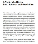 Titel: "Natürliche Highs: Lust, Schmerz und das Gehirn" mit Text über Schmerz, Lust, psychische Gesundheit und Anhedonie.