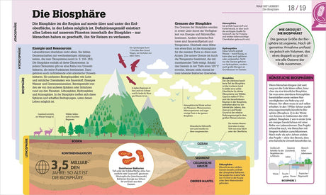 Grafik der Erdschichten, Berge, Wasser, Tiere und Text zur Biosphäre.