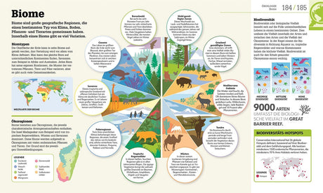 Kreisförmige Darstellung verschiedener Biome mit Illustrationen und kurzen Beschreibungen zu Klima, Pflanzen und Tieren.