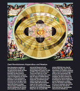 Himmelsscheibe mit Sonnenmotiv, umgeben von Figuren, Texten und Planeten, mit lateinischen und deutschen Beschriftungen.