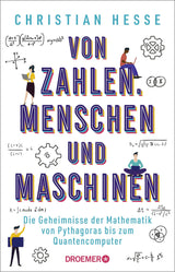 Buchcover mit Titel "Von Zahlen, Menschen und Maschinen" und Illustrationen von Menschen, Formeln und Zahnrädern.