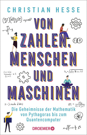 Buchcover mit Titel "Von Zahlen, Menschen und Maschinen" und Illustrationen von Menschen, Formeln und Zahnrädern.