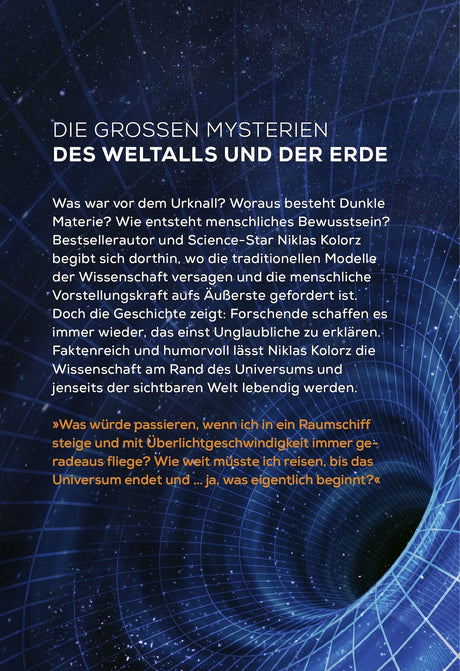Text über die großen Rätsel des Weltalls und der Erde, mit einem Zitat in orange.