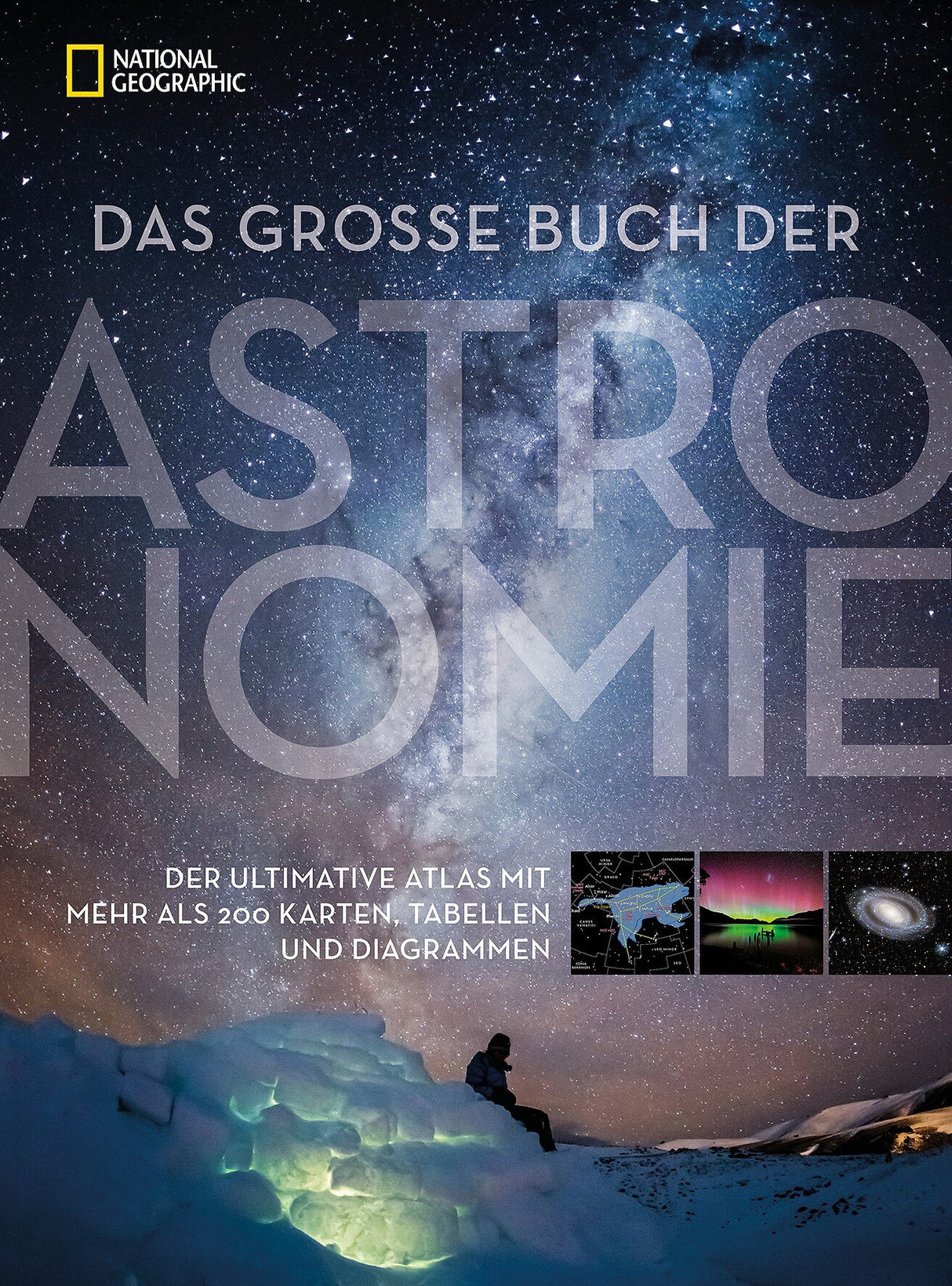 Sterne am Nachthimmel über verschneiter Landschaft mit sitzendem Menschen.