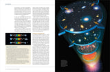 Illustration eines expandierenden Urknalls mit Galaxien, blauen Pfeilen und bunten Staubwolken im All.