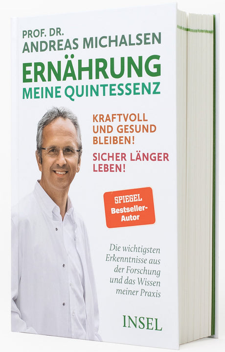 Buchcover mit Titel, Bild eines lächelnden Mannes in weißem Arztkittel, und Text über Ernährung und Gesundheit.