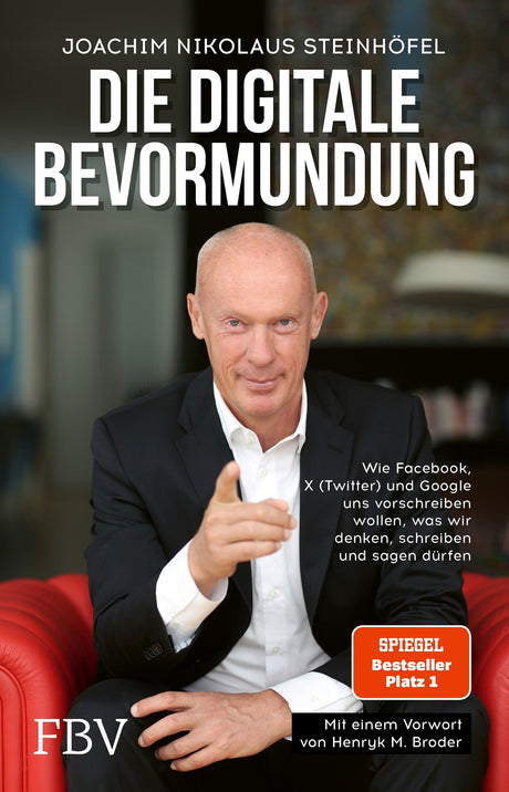 Buchcover mit einem Mann in Anzug, der auf die Kamera zeigt, im Hintergrund ein Bücherregal.