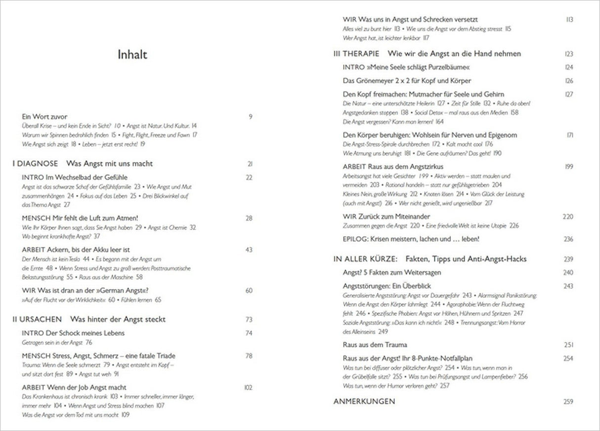 Inhaltsverzeichnis mit Kapiteln und Seitenzahlen, z. B. "Was Angst mit uns macht" und "Ursachen".