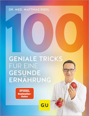 Buchcover mit Titel, Autor, Bild eines Mannes in Arztkleidung mit Äpfeln, bunter Hintergrund.