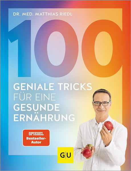 Buchcover mit Titel, Autor, Bild eines Mannes in Arztkleidung mit Äpfeln, bunter Hintergrund.