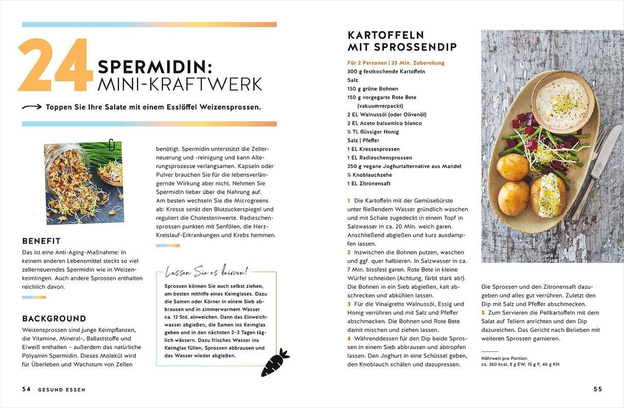 Bilder von Sprossen auf einem Löffel, daneben eine Schüssel mit Joghurt, Kartoffeln und Salat.