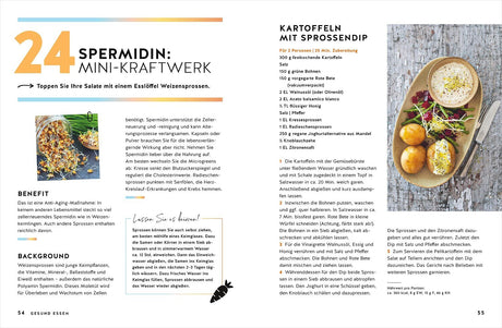 Bilder von Sprossen auf einem Löffel, daneben eine Schüssel mit Joghurt, Kartoffeln und Salat.