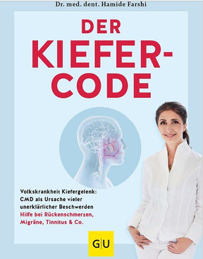 Buchcover mit Titel "Der Kiefer-Code", Bild einer lächelnden Frau in Weiß und einer Illustration des Kiefers und Gehirns.