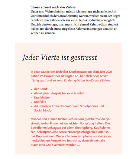 Seitenabschnitt mit Text über Stress und Zähne, Überschrift "Jeder Vierte ist gestresst" in schwarzer Schrift, roter Text im Fließ