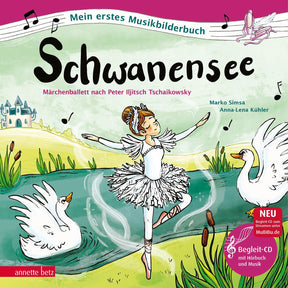 Illustration eines Balletttänzers in Schwanenkostüm, umgeben von Schwänen, Wasser, Gräser und einem Schloss im Hintergrund.