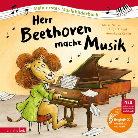 Illustration eines Löwen am Klavier, umgeben von fliegenden Notenblättern, auf einem bunten Buchcover.