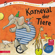 Buchcover mit bunten Tieren, einem Elefanten mit Zirkushut, Giraffe, Löwe, Maus mit Tröte, Huhn
