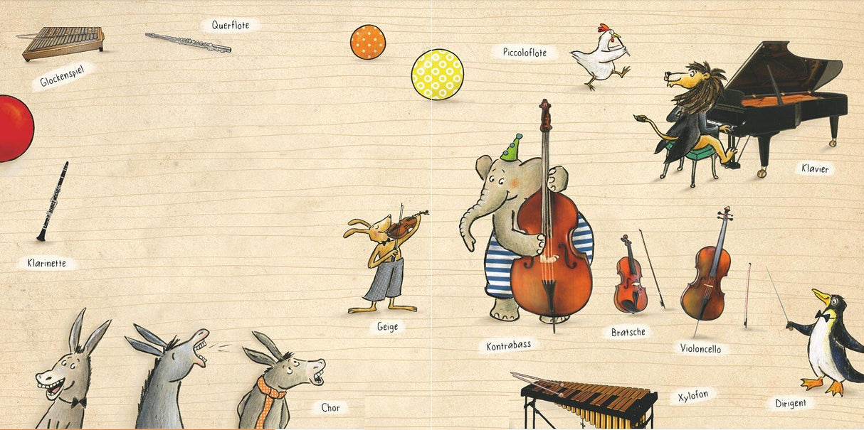 Verschiedene Tiere und Musikinstrumente, darunter eine Maus mit Geige, ein Elefant mit Kontrabass, und andere Tiere mit Instrumenten
