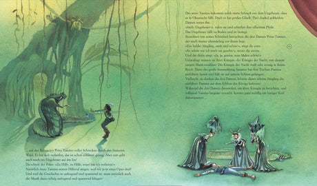 Illustration mit Prinz Tamino, drei Damen, eine Schlange, und eine Szene im dunklen Wald.