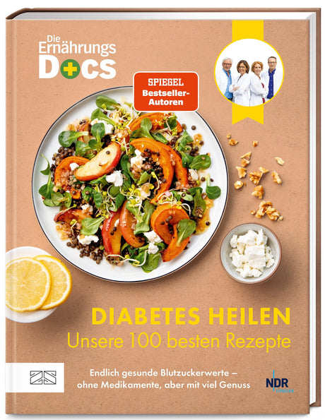 Buchcover mit Salat, Zitronenscheiben, Feta und Walnüssen, Titel "Diabetes Heilen", Untertitel "Unsere 100 besten Rezepte".