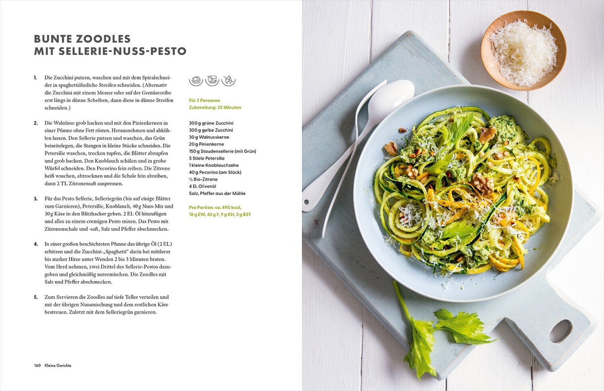 Bunter Zucchini-Nuss-Pesto-Zoodles auf einem weißen Teller mit geriebenem Käse, Nüssen und Selleriegrün.