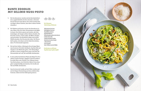 Bunter Zucchini-Nuss-Pesto-Zoodles auf einem weißen Teller mit geriebenem Käse, Nüssen und Selleriegrün.