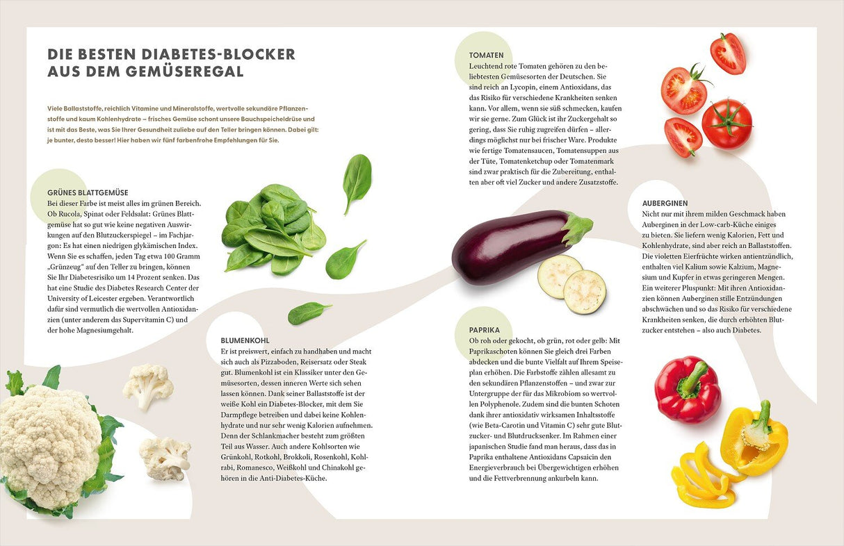 Verschiedene Gemüsesorten, darunter Tomaten, Auberginen, Paprika, Blumenkohl und Brokkoli, mit Textbeschreibungen.