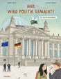 Illustration des Bundestagsgebäudes mit Flaggen, Polizei, zwei Personen im Gespräch, Vögel und eine Fliege mit Sprechblase.