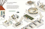 Illustration eines Tages im Bundestag mit verschiedenen Sitzungen und Aktivitäten, inklusive Zeitangaben und Räumen.