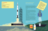 Illustration eines Raketenstarts, mit Anleitungen zum Selbermachen einer Rakete mit Backpulverantrieb.