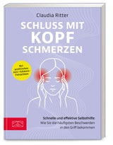 Buchcover mit Titel "Schluss mit Kopf-Schmerzen", Illustration einer Person mit rot markierten Schläfen, gelber Hinweis
