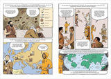 Zwei Comicseiten über die Entwicklung des Geldsystems, mit Texten, Karten und Figuren in Sprechblasen.