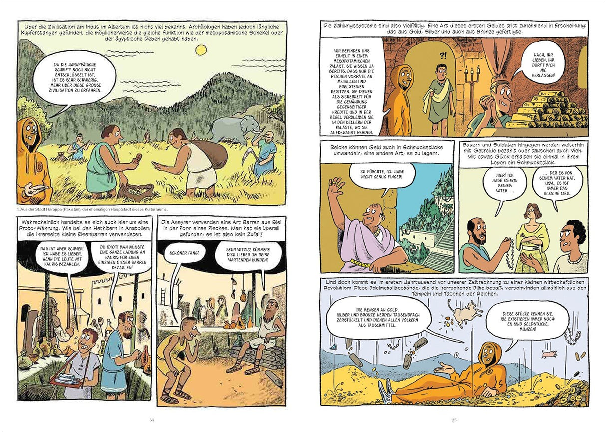 Zwei Comicseiten mit Szenen aus einer alten Zivilisation, Menschen, Tiere, Gold, Silber, Bronze und archäologische Funde.