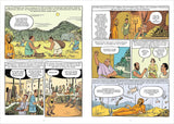 Zwei Comicseiten mit Szenen aus einer alten Zivilisation, Menschen, Tiere, Gold, Silber, Bronze und archäologische Funde.