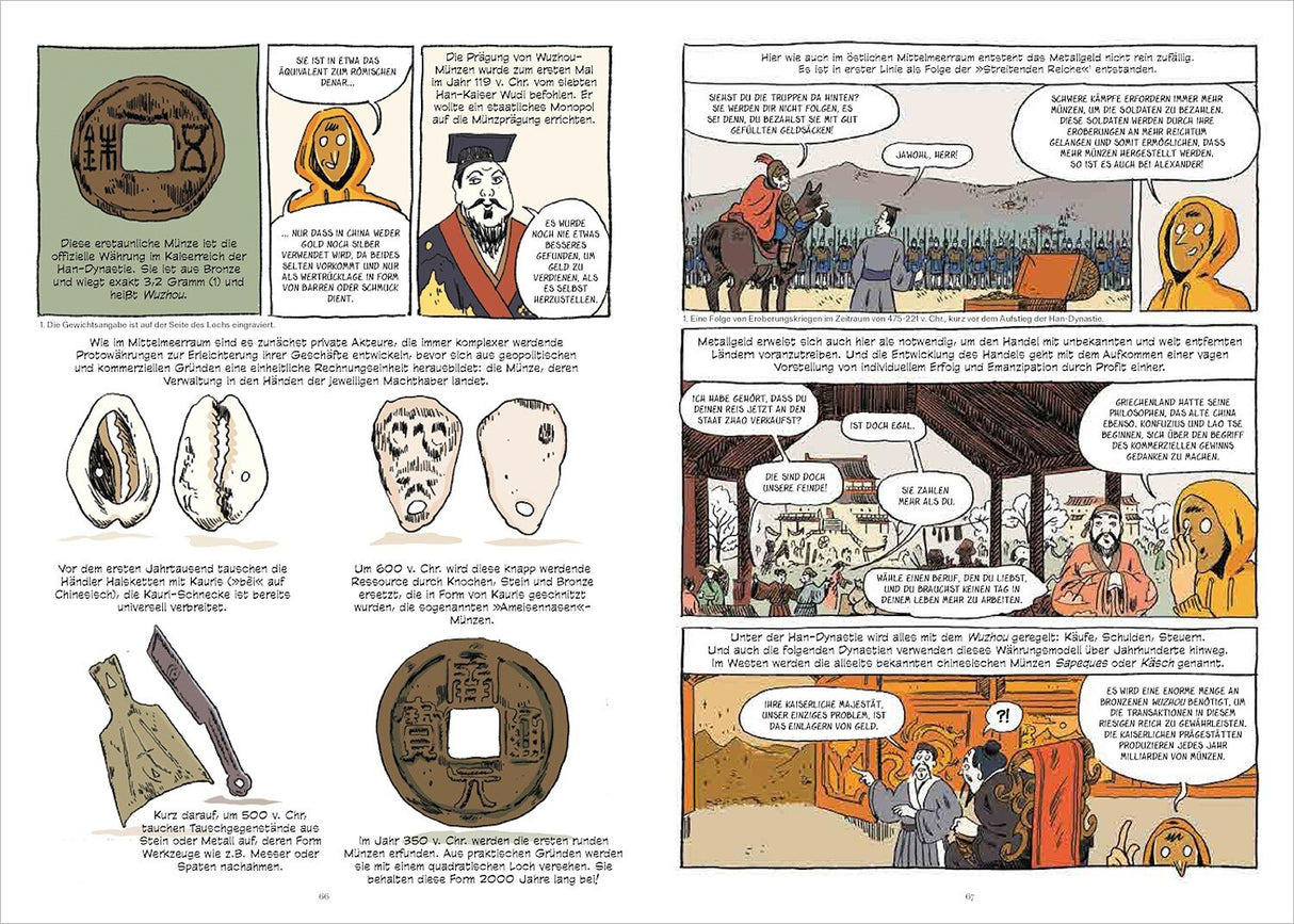 Comic-Panel mit historischen Münzen, Figuren im Gespräch, und Textinformationen über Münzgeschichte und -entwicklung.