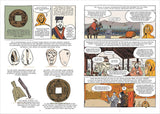 Comic-Panel mit historischen Münzen, Figuren im Gespräch, und Textinformationen über Münzgeschichte und -entwicklung.