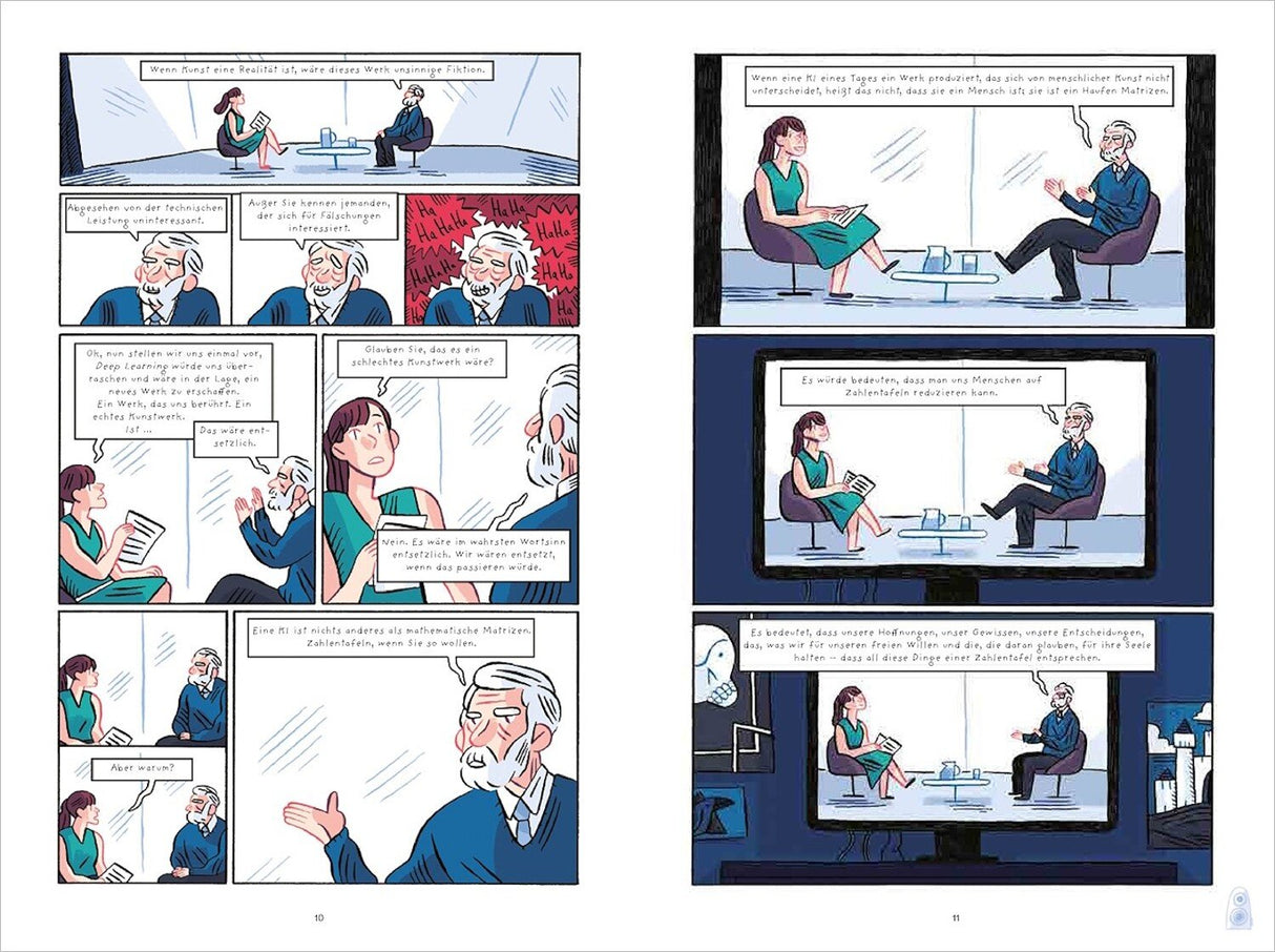Zwei Comic-Seiten mit einem Gespräch über Kunst, künstliche Intelligenz und Zahlen, gezeigt in Panels mit Figuren und Textblasen.