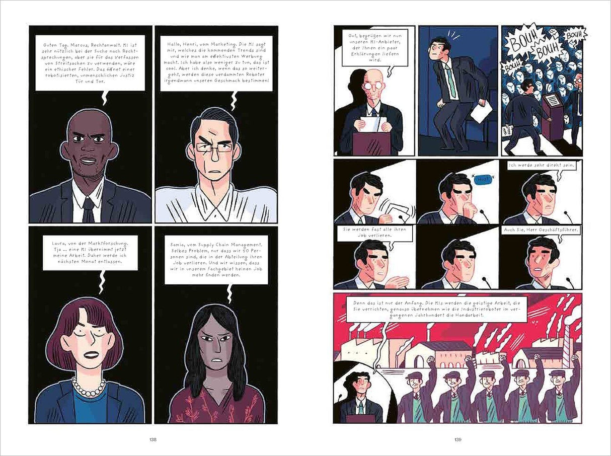 Comic-Panel mit Gesprächen, Menschen in Meetings, Protest und Fabrik, mit deutschen Texten.