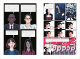 Comic-Panel mit Gesprächen, Menschen in Meetings, Protest und Fabrik, mit deutschen Texten.