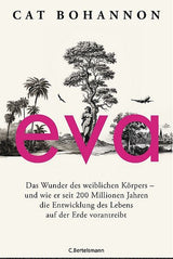 Buchcover mit Baum, Palmen, Vogel, Flugzeug und dem Titel "eva" in pink.