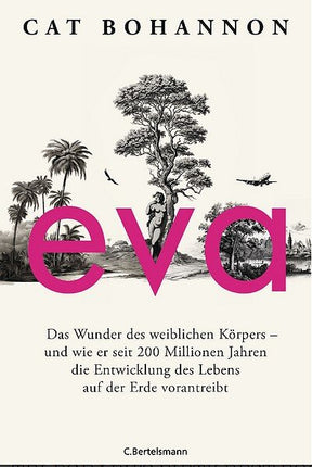 Buchcover mit Baum, Palmen, Vogel, Flugzeug und dem Titel "eva" in pink.