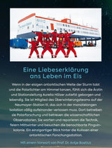 Team in roten Anzügen vor einer Forschungsstation im Eis, mit Text über eine Liebeserklärung an das Leben im Eis.