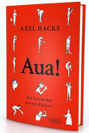 Rotes Buchcover mit schwarzen und weißen Illustrationen von Menschen in verschiedenen Posen, Titel "Aua!"